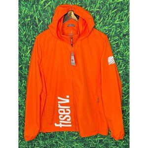 NWT Fiserv Orange Full Zip Hooded Women’s XL TOBA Packable Rain Jacket Fintech